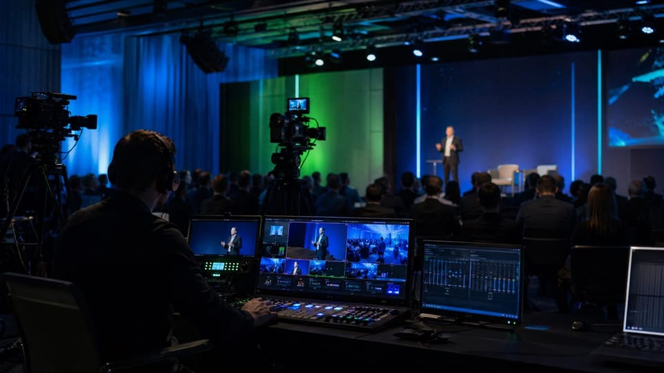 Broadcast director's station at a conference: multiview monitors, cameras, and a speaker on stage