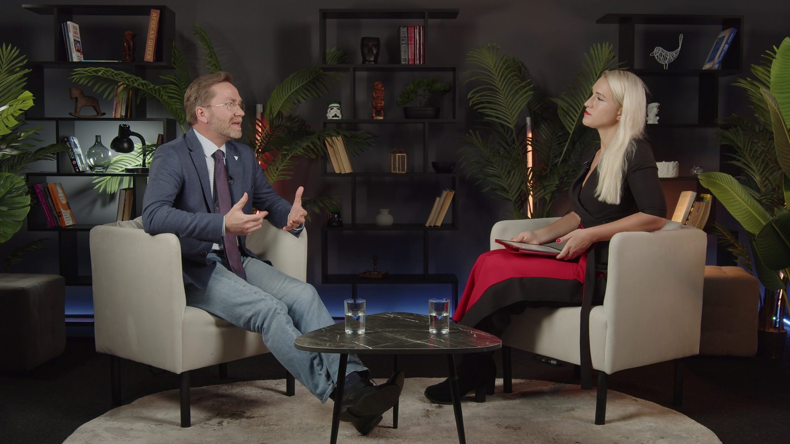 The main set at the OKVideo.Pro studio: an interview in armchairs